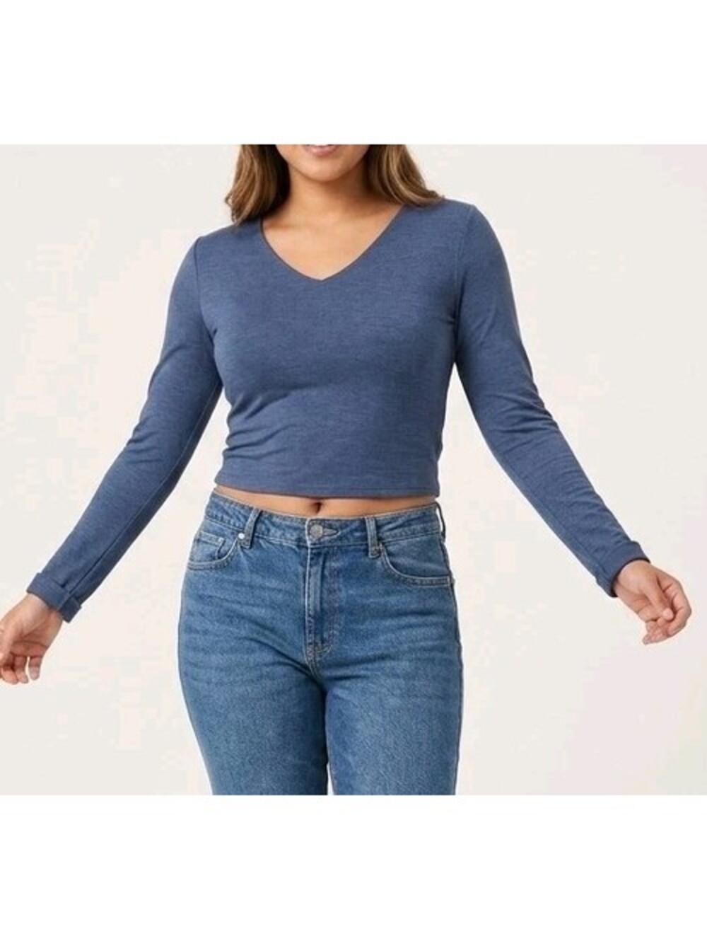 Active Basic Womens Top Size L Blue V-Neck Long Sleeve Rayon Blend Casual Shirt